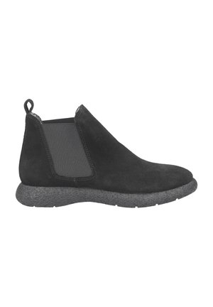 Black suede Chelsea boot with elastic side panels, textured rubber sole, pull tab at the heel, and smooth finish.