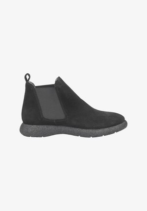 Black suede Chelsea boot with elastic side panels, textured rubber sole, pull tab at the heel, and smooth finish.