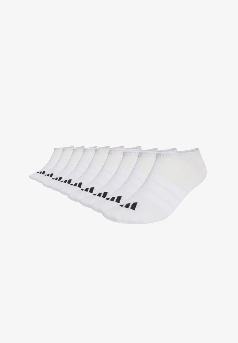Weiße Knöchelsocken im Zehnerpack mit grauen Streifen und schwarzem Logo. Hergestellt aus weichem, dehnbarem Material.