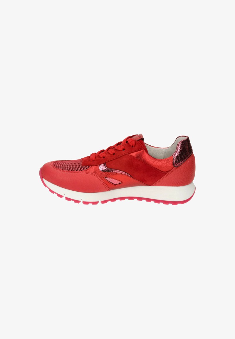 Red athletic shoe featuring a mix of smooth and textured materials, mesh upper, round laces, and a cushioned white sole with pink accents.