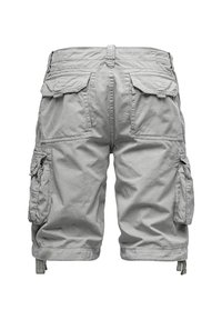 Grau Cargo-Shorts aus leichtem Material. Merkmale sind mehrere seitliche und hintere Taschen sowie verstellbare Beinabschlüsse.