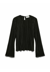 Crna majica dugih rukava s rebrastom teksturom, okruglim izrezom i malim otvorom na leđima. Rukavi su šireći s blago nabranim rubom.