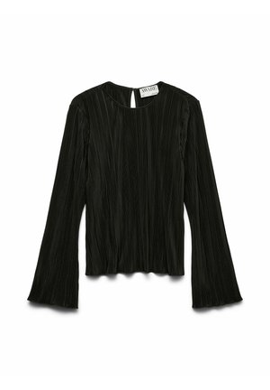 Top negro de manga larga con una textura acanalada, escote redondo y un pequeño ojal en la parte posterior. Mangas acampanadas con un dobladillo ligeramente rizado.