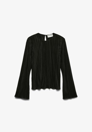 Černý top s dlouhým rukávem, s žebrovanou texturou, kulatým výstřihem a malým klíčovým otvorem na zádech. Rozšířené rukávy s mírně volánkovým lemem.