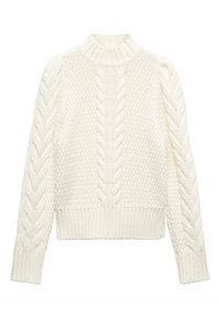 Pull tricoté de couleur crème avec un col montant, présentant des motifs texturés et des poignets et une base côtelés. Motif torsadé sur les manches.