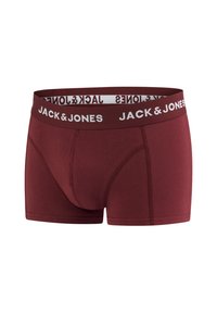 Bordeaux katoenen boxershorts met een witte elastische tailleband waarop "JACK & JONES" herhaaldelijk is afgedrukt. Glad textuur, aansluitend ontwerp met platte naden.