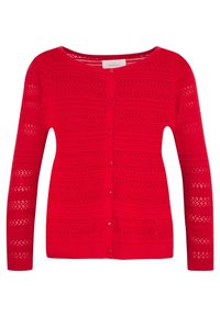 Cardigan rosso lavorato a maglia con maniche lunghe, scollo rotondo, righe a trama e chiusure con bottoni sul davanti. Motivo a maglia aperta su tutta la superficie.