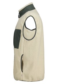 Fleece-Weste in Creme mit einem dunkelgrünen Kragen und Brusttasche. Verfügt über offene Armöffnungen und eine strukturierte Oberfläche.