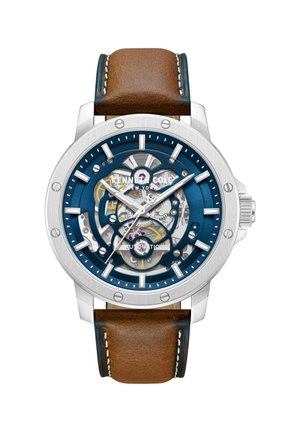Kenneth Cole automatisk armbåndsur med sølvfarvet urkasse, synlige tandhjul, blåt urskive, hvide markører og brun læderrem med syninger.