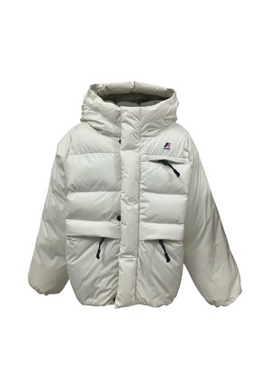 Giacca bianca imbottita con cappuccio, zip frontale, tiranti neri e logo K-Way sulla tasca del petto.