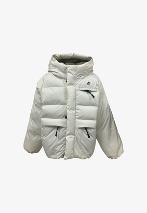 Giacca bianca imbottita con cappuccio, zip frontale, tiranti neri e logo K-Way sulla tasca del petto.