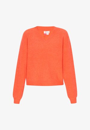 V-Ausschnitt, verkürzter Pullover in leuchtendem Orange, aus geripptem Strickstoff, mit langen Ärmeln und dezenten diagonalen Nähten an den Schultern.
