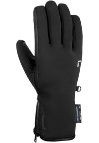 Zwarte waterdichte handschoenen met een gestructureerde grip, ontwerp voor drie vingers, verstelbare polsband en merklabel aan de zijkant.