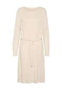 Abito lavorato a maglia color crema con maniche lunghe, scollatura rotonda e una cintura coordinata in vita. Tessuto morbido e vestibilità rilassata.