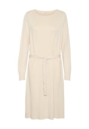Cream-colored knit dress with long sleeves, a round neckline, and a matching tie belt at the waist. Smooth texture and relaxed fit.