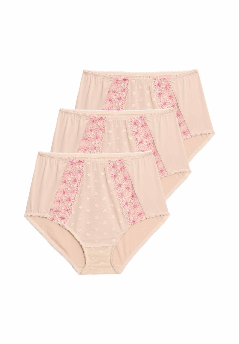 Højtaljede, beige kvindelige trusser med blomsteragtig pink broderi på siderne. Blødt stof med en glat tekstur og dekorative sømdetaljer.