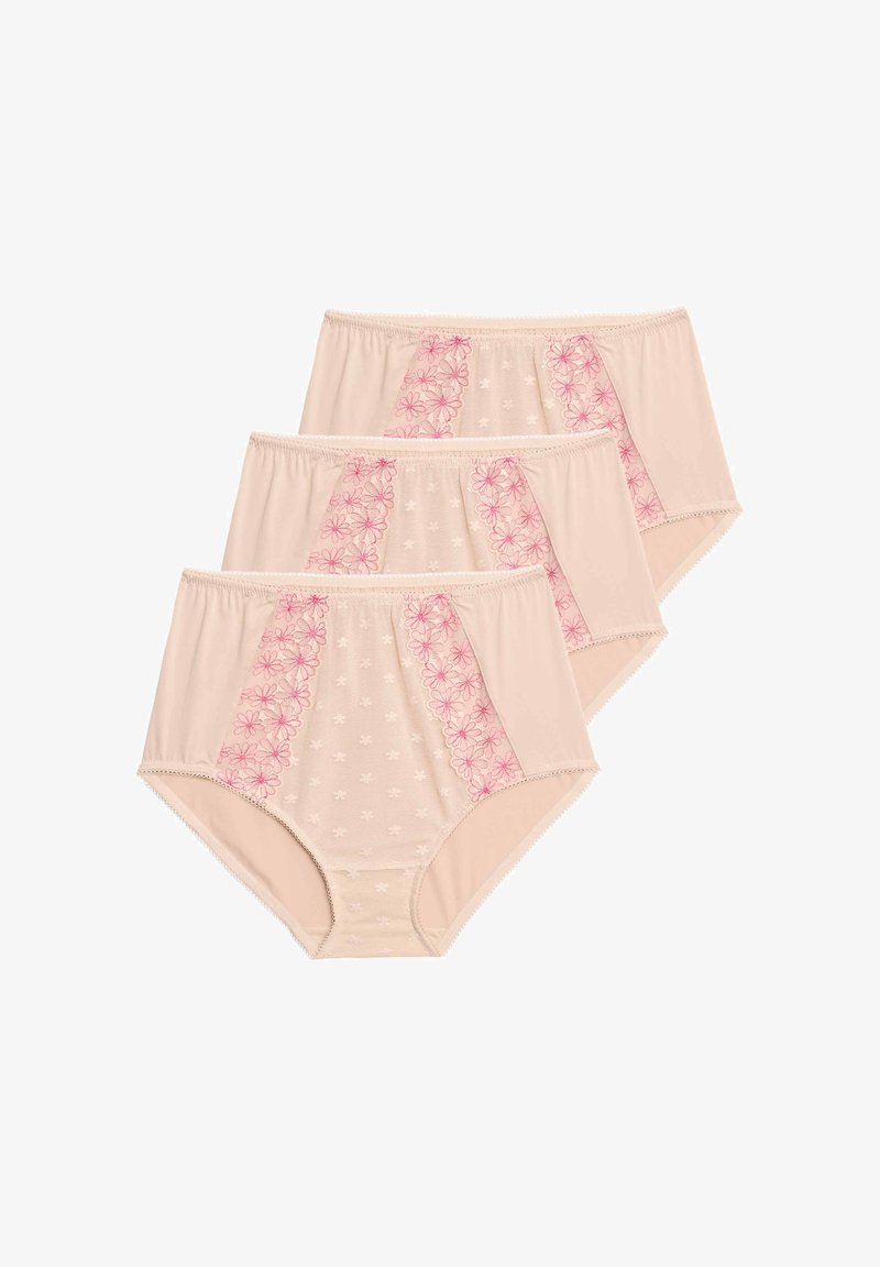 Højtaljede, beige kvindelige trusser med blomsteragtig pink broderi på siderne. Blødt stof med en glat tekstur og dekorative sømdetaljer.