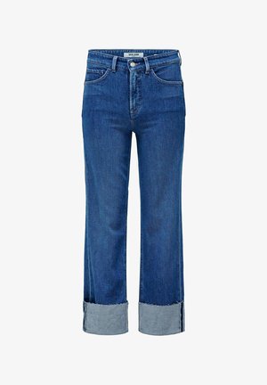 Dunkelblaue Jeans aus Denim mit einem gekürzten, weitem Bein, einem umgeschlagenen Saum in hellerer Farbe, fünf Taschen und einem Knopfverschluss.