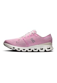 Pink running shoe with white sole featuring segmented cushioning and white laces, breathable mesh upper, and side logo.