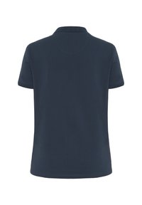 Dunkelblaues Poloshirt mit kurzen Ärmeln, einem stabilen Kragen und einer sauberen, glatten Textur. Keine sichtbaren Logos oder Muster.