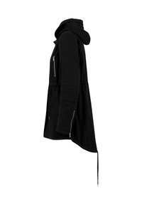 Black hooded jacket with quilted sleeves, front and sleeve zippers, and an asymmetrical hem with drawstring detail, shown from the side.