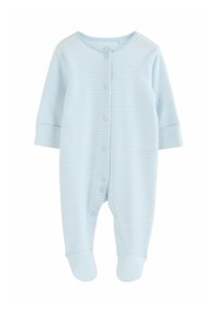 Lyseblå babyheldragt med tynde hvide vandrette striber, lange ærmer, trykknapper foran og dækkede fødder.