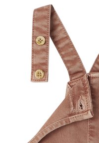 Rostfarbener, gewebter Stoffriemen mit zwei gelben Knöpfen und verstärkten Nähten. Verfügt über ein strukturiertes Fischgrätmuster.