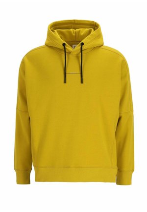 Geel hoodie met een grote capuchon, zwarte koorden en een klein logo aan de voorkant. Heeft een ontspannen pasvorm en ribbelboorden aan de mouwen en onderzijde.