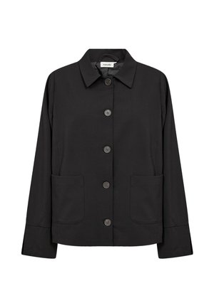 Fekete gombos dzseki gallérral, hosszú ujjakkal és két elülső foltzsebbel.