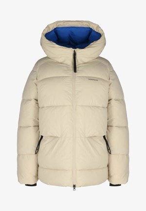 Beige puffer jacket with a blue interior, featuring a hood, front zipper, two side pockets, and black accents for adjustable fit.