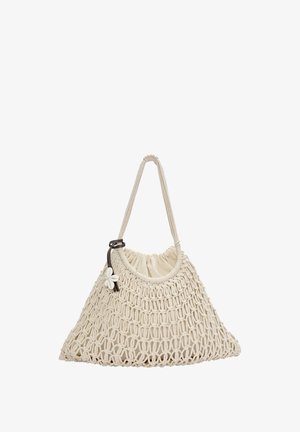 Sac à main en filet de couleur crème, doté d'une doublure en tissu doux et d'une anse, orné d'un accent floral et d'une fermeture à cordon.