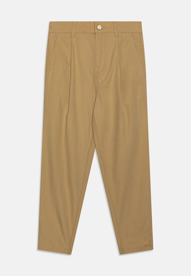 Chinos beige in twill di cotone, con design a gamba dritta, tasche frontali, chiusura con bottone e dettagli cuciti lungo le cuciture.