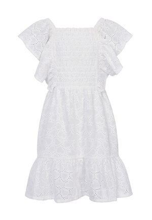 Witte jurk met korte ruches mouwen en een aangeknipte taille. De stof heeft een hartvormig gehaakt patroon en een uitlopende zoom.
