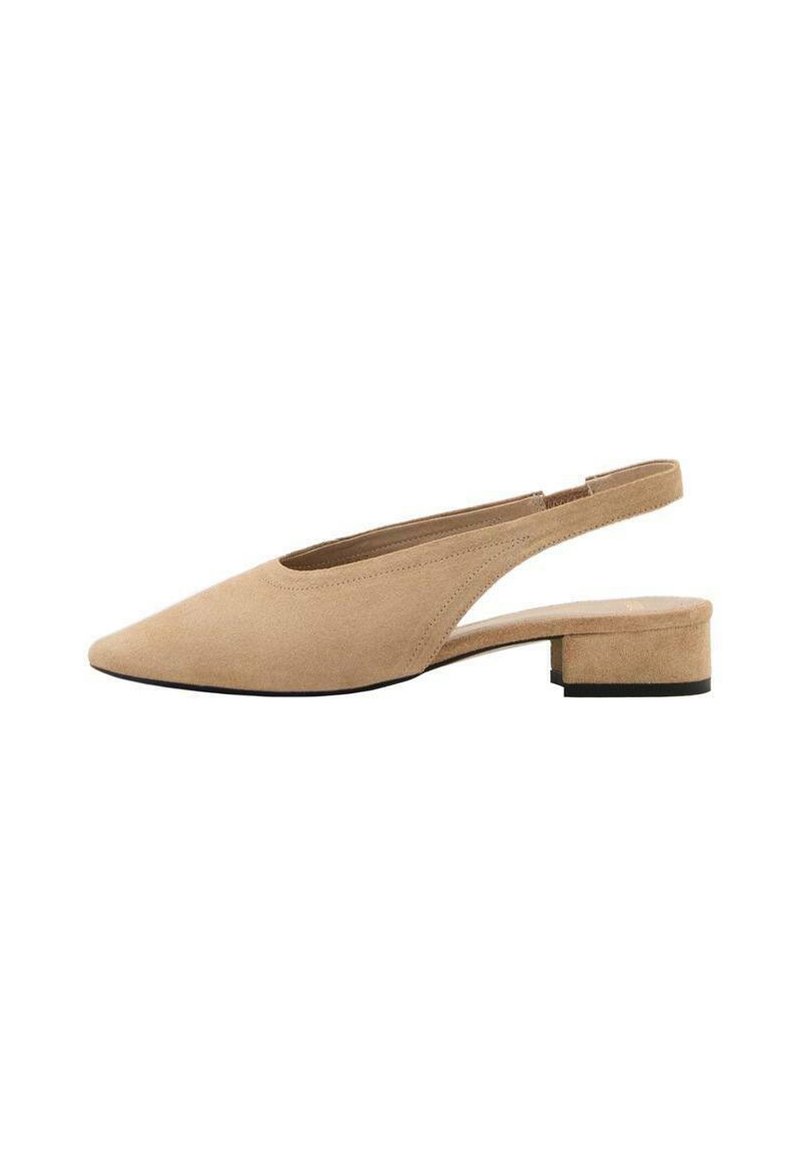 Beige suede slingback shoes with a pointed toe, low block heel, and a cutout detail on the side. Smooth texture with a simple design.