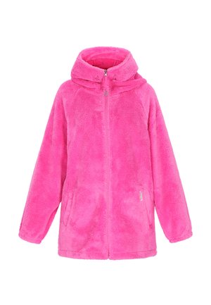 Růžová fleecová bunda s kapucí, celým zipem a bočními kapsami. Měkká textura a uvolněný střih, s raglánovými rukávy a bez viditelných vzorů.