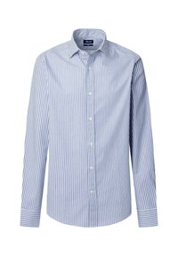 Gestreepte blouse met lange mouwen in lichtblauw en wit, met een klassieke kraag, een knoopsluiting aan de voorkant en manchet mouwen. Fijne stof textuur.