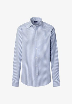 Camicia a righe a maniche lunghe in azzurro chiaro e bianco con colletto classico, chiusura frontale con bottoni e maniche con polsini. Tessuto dalla texture liscia.