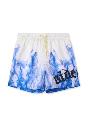 Shorts da nuoto bianchi con un motivo di fumo blu a vortice, cintura elastica con un cordoncino giallo e un logo nero sul lato sinistro.