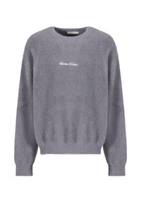 Harmaa, pörröinen neulepaita pitkillä hihoilla, pyöreällä kaula-aukolla ja hienovaraisella "Another Cotton" -brodeerauksella keskellä. Pehmeä, rakennepintainen materiaali.