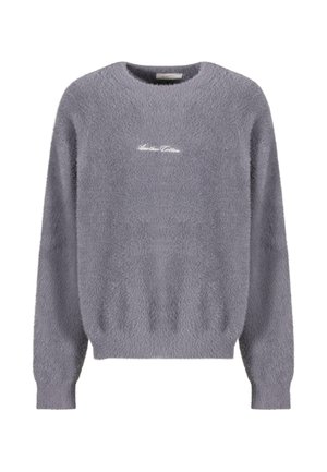 Pulover gri, pufos, cu mâneci lungi, guler rotund și broderie subtilă „Another Cotton” în centru. Material moale, texturat.
