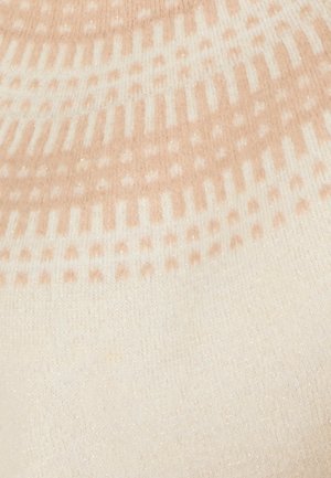 Tessuto a maglia con un gradiente di tonalità rosa chiaro e crema, con sottili accenti luccicanti e motivi testurizzati di punti e righe.