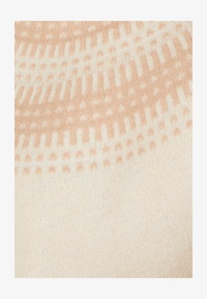 Gebreide stof met een verloop van zachte roze en crèmekleurige tinten, met subtiele glinsterende accenten en getextureerde patronen van stippen en strepen.