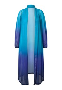Průhledný dlouhý kimono v gradientu modré do fialové. Lehký materiál s dlouhými rukávy a otevřeným předním dílem. Hladká textura a splývavý design.
