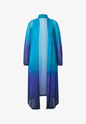 Durchsichtiger langer Kimono in einem Farbverlauf von Blau zu Lila. Leichtes Material mit langen Ärmeln und offenem Vorderteil. Weiche Textur und fließendes Design.