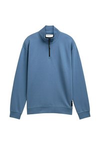 Helles blaues Sweatshirt mit hohem Kragen, halblangem Reißverschluss und gerippten Bündchen. Weiches Material und lockerer Schnitt, mit einem Etikett an der Seite.