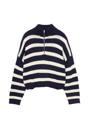Pull en maille rayé bleu marine et blanc avec un col montant et une fermeture éclair à l'avant. Présente une coupe décontractée et des bords côtelés aux poignets et à l'ourlet pour plus de texture.