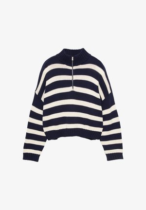 Meripihkainen neulepaita tummansinisen ja valkoisen raidallisen kuvion kanssa, jossa on korkea kaulus ja vetoketju edessä. Paidassa on rento malli sekä ribbaus hihoissa ja helmassa tuomaan lisätekstuuria.