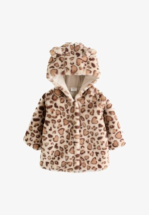 Leopard print hooded coat made of soft faux fur, featuring rounded ears on the hood and a front button closure. Light beige and brown colors.