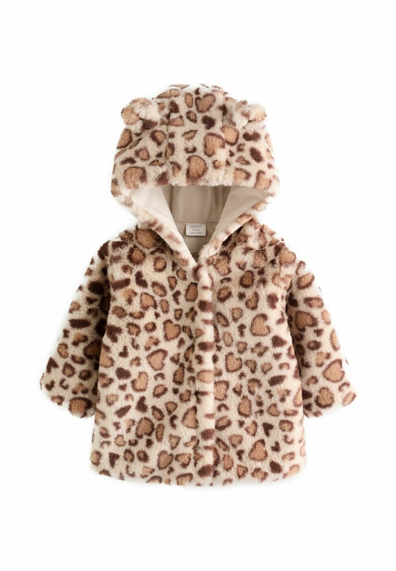 Palton cu imprimeu de leopard, cu glugă, fabricat din blană artificială moale, având urechi rotunde pe glugă și închidere cu buton frontal. Culori bej deschis și maro.
