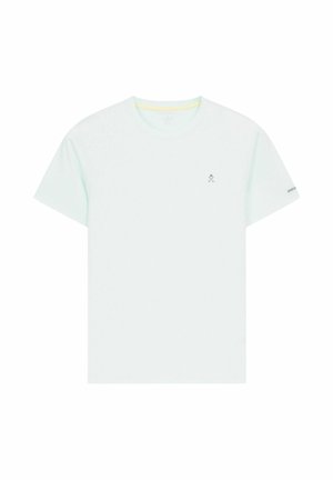 Camiseta blanca lisa de manga corta y cuello redondo con pequeño logo de bate y pelota cruzados en el pecho izquierdo y nombre de la marca en la manga izquierda.